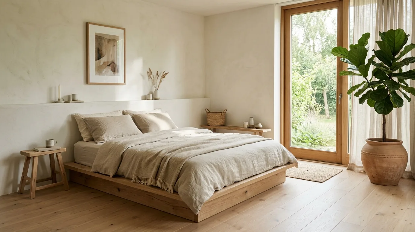 Keep the layout minimal with one strong plant inspiration for an earthy bedroom.